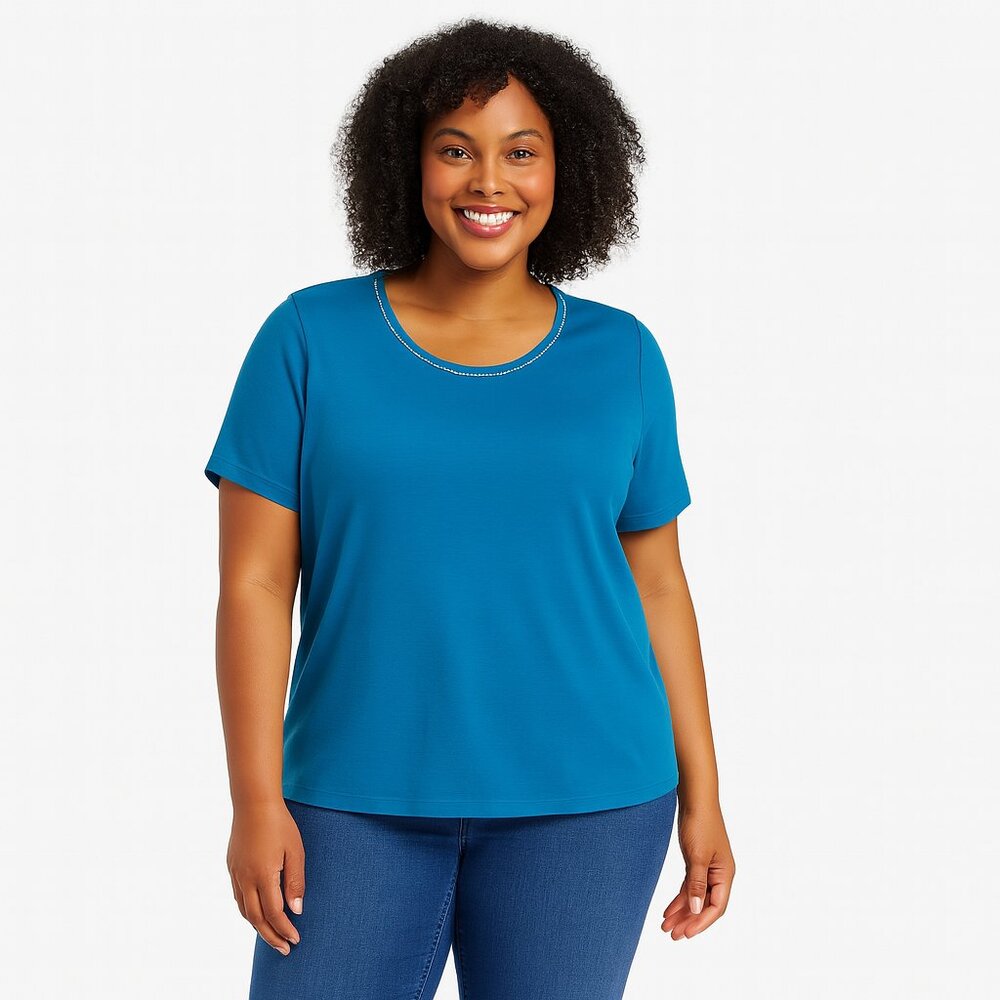 Style & Co Ribbed Tee Short Sleeve Beaded Neckline 100% Cotton Turquoise Size L